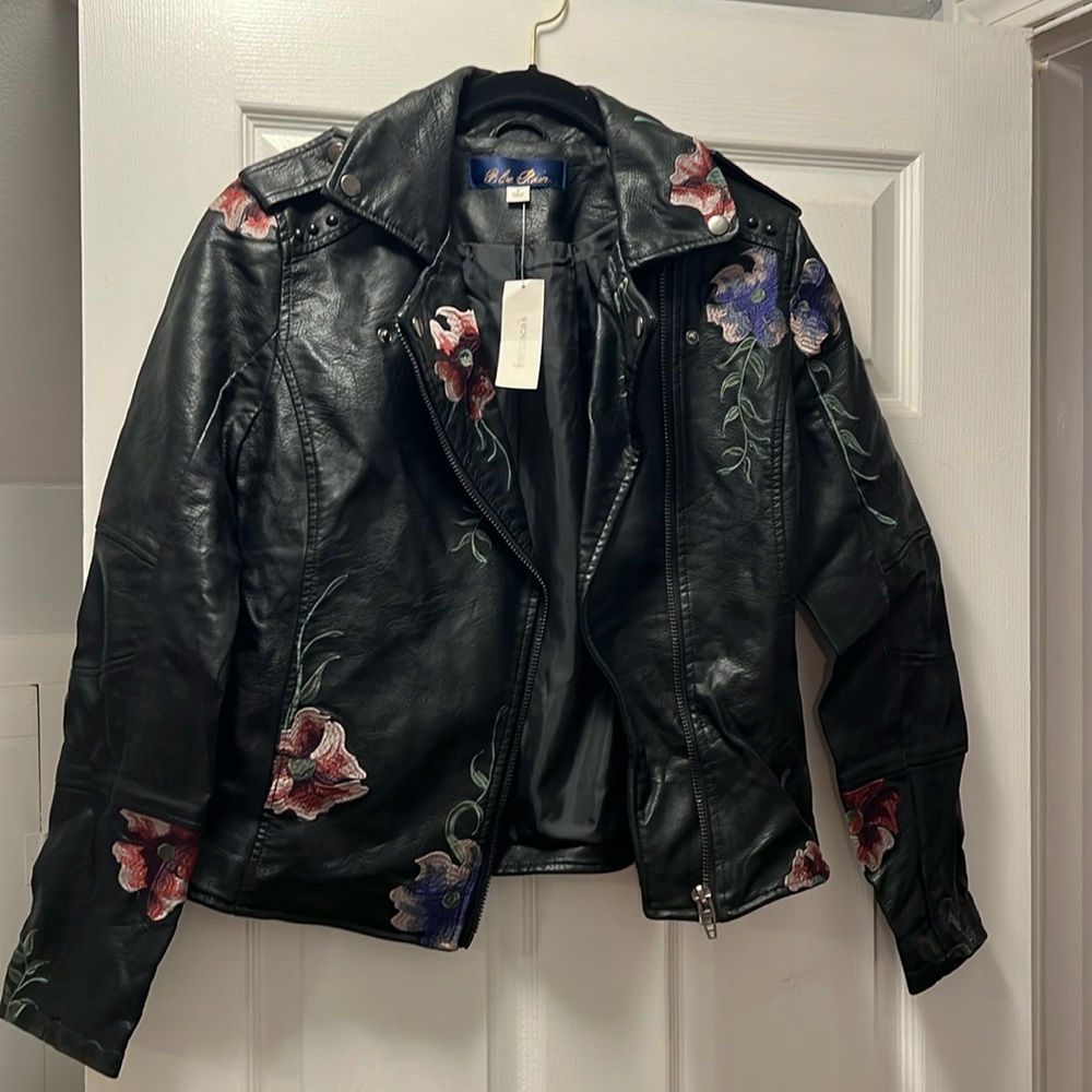Francesca Black pleather embroidered motorcycle jacket